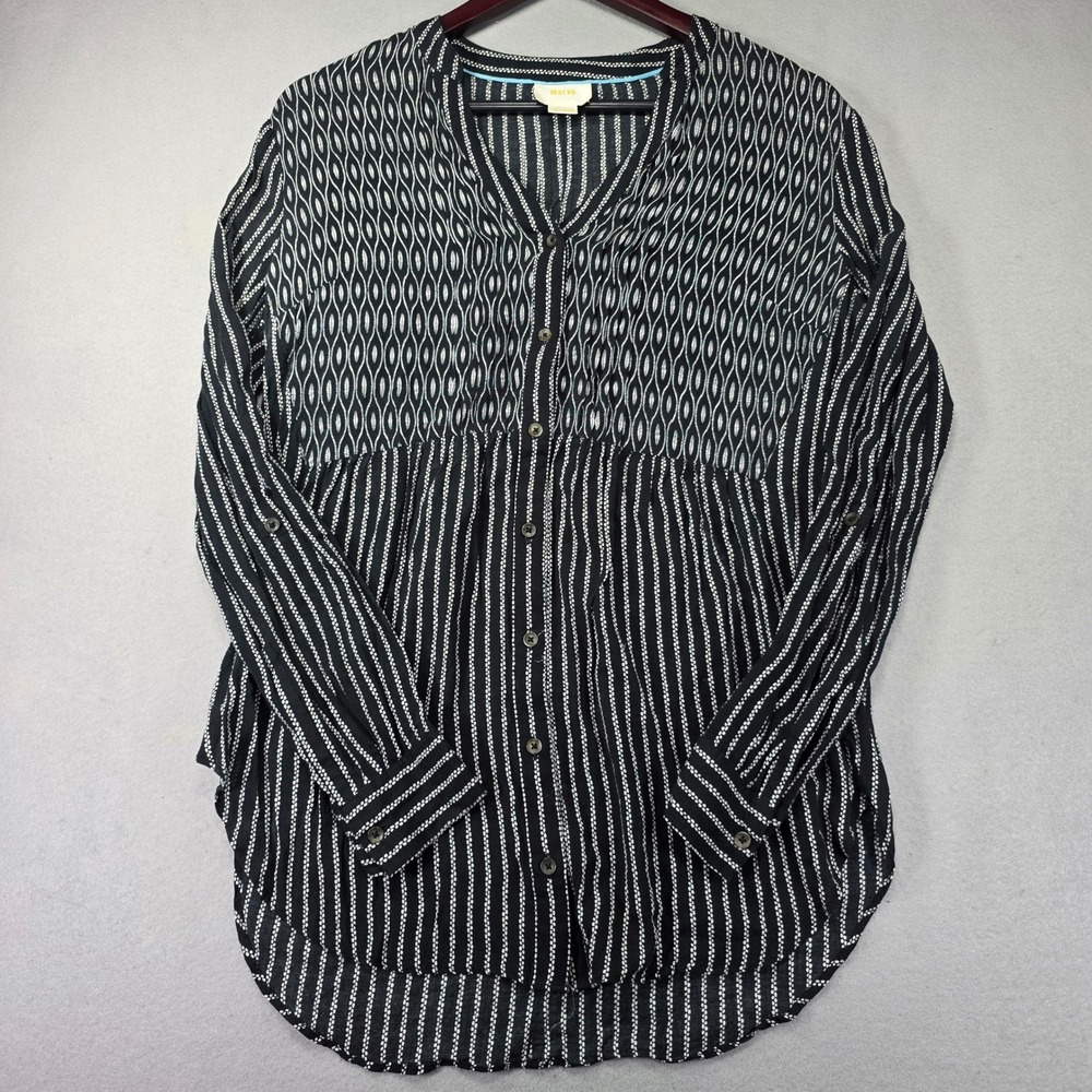 Maeve Anthropologie Black White Mixed Print Button Down Tunic Blouse Size 8